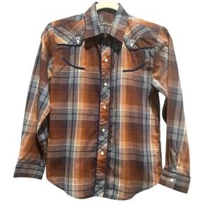 Roper Plaid Button Down Shirt Western Rodeo Festival Bulls Youth Lg